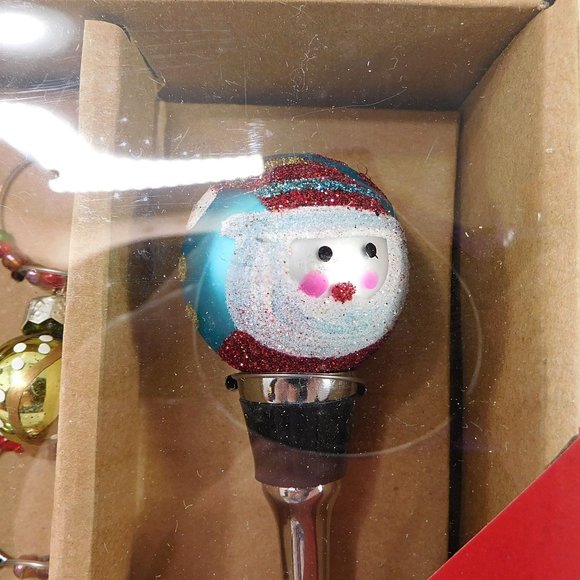 New Holiday Wine Set Hostess Gift Santa Bottle Stopper Charms Napkins - Picture 4 of 6